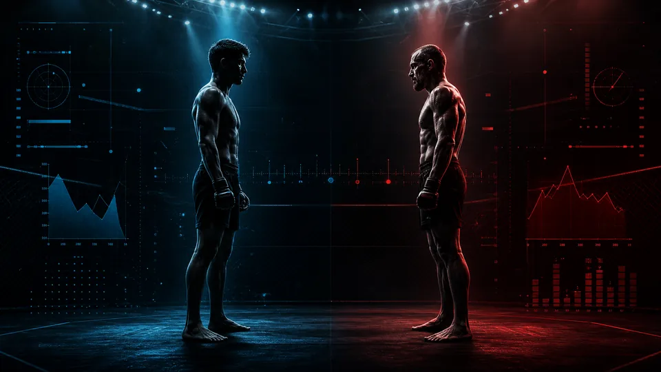 MMA fighters under red and blue octagon lighting with age analytics lines