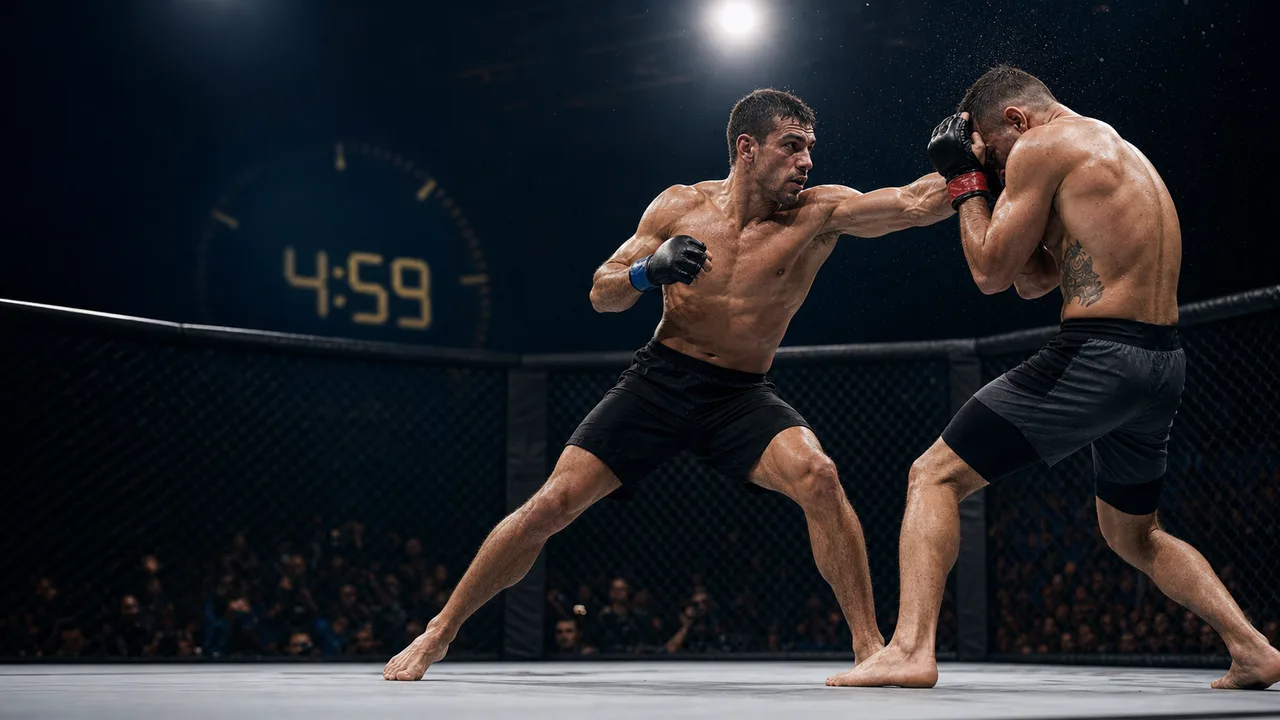 Two MMA fighters trading in the final second of a round with a 4:59 clock behind the cage