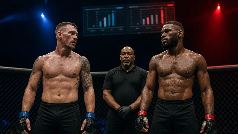 Two MMA fighters waiting after the final horn under red and blue fight-night analytics lighting