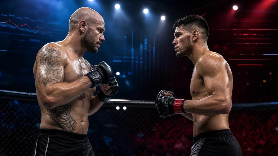 Two MMA fighters under red and blue fight-night lighting with experience analytics lines