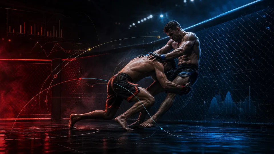 MMA fighter attempting a takedown while the opponent sprawls under red and blue FightAlpha analytics lighting