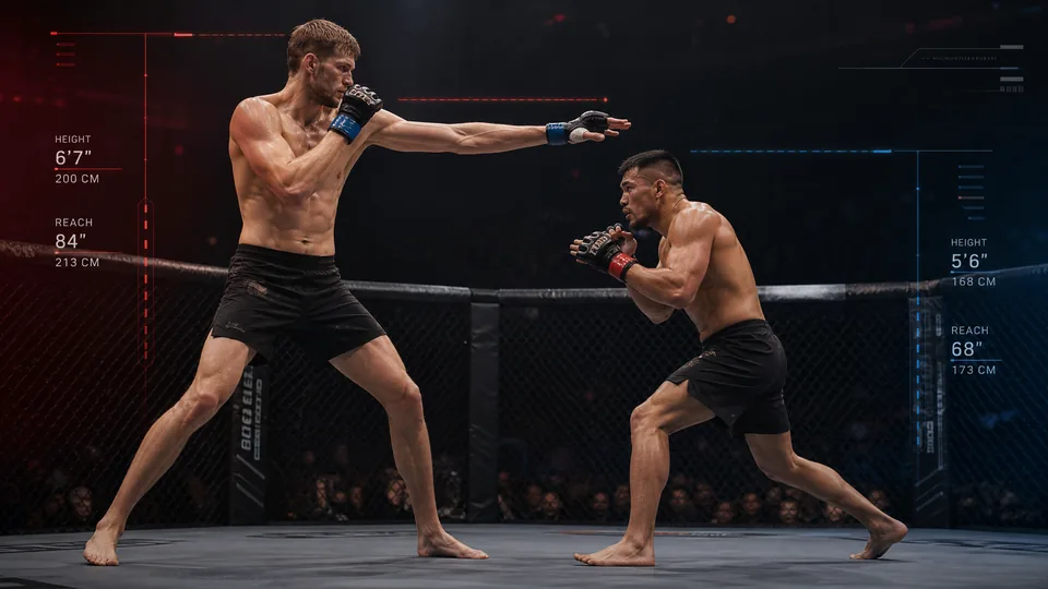 Tall MMA fighter and shorter pressure fighter in an octagon under red and blue FightAlpha analytics lighting