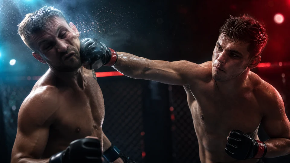 MMA fighter seated under red and blue arena lights with KO-loss comeback analytics