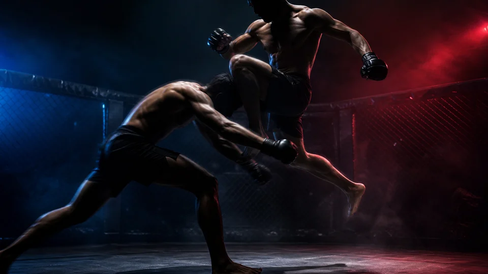 Anonymous MMA fighters in a cinematic flying-knee knockout moment near the cage