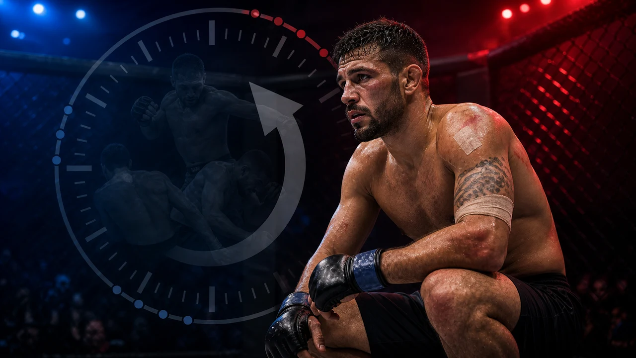 MMA fighter recovering under red and blue cage lights with quick-turnaround clock and damage context