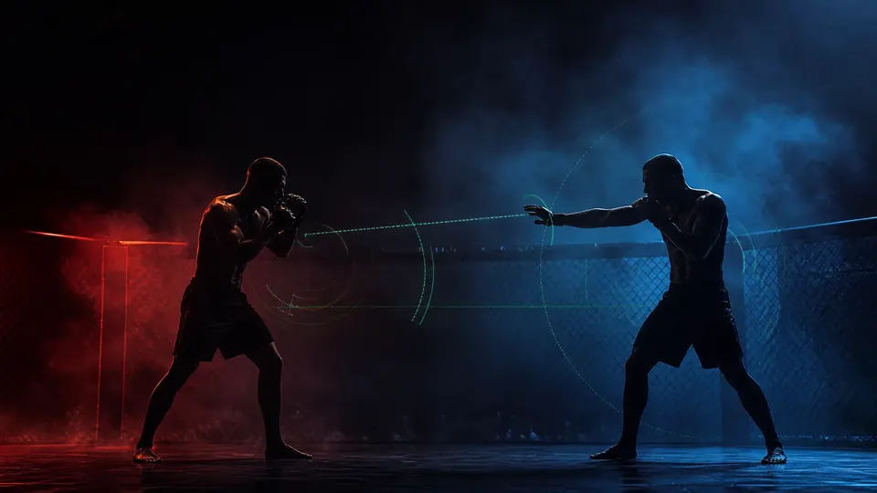 Generic MMA fighters in red and blue corner lighting with subtle reach analytics lines