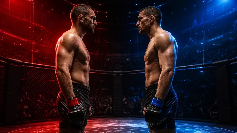 Two MMA fighters facing off under red and blue fight-night analytics lighting