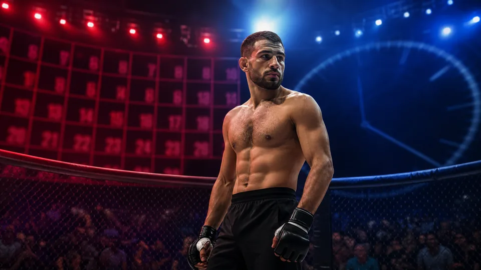 MMA fighter returning to the octagon under red and blue arena lights with subtle time graphics