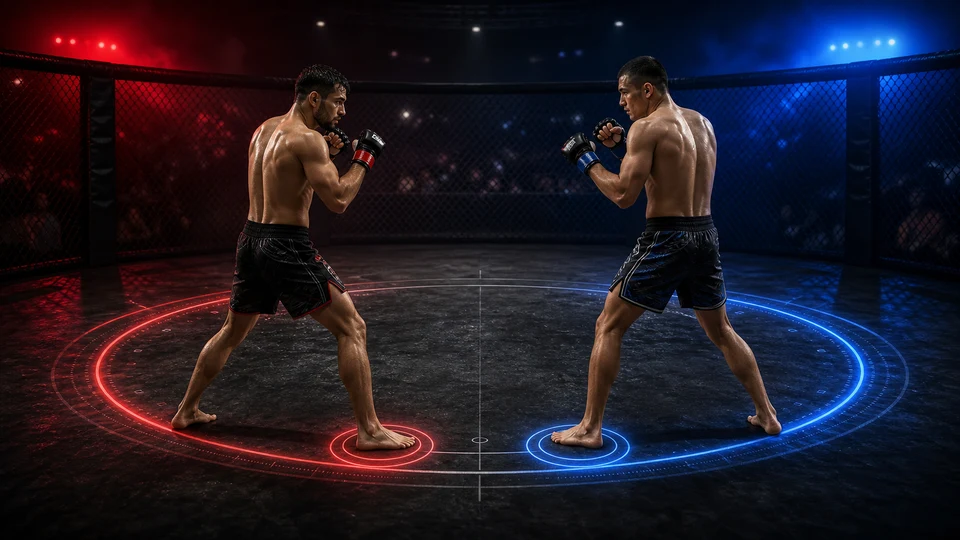 Two MMA fighters in mirrored stances: left fighter southpaw with right foot forward, right fighter orthodox with left foot forward