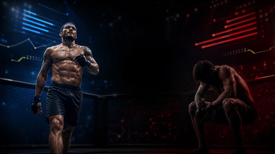 FightAlpha cinematic MMA visual showing winning and losing streak momentum under red and blue arena lights