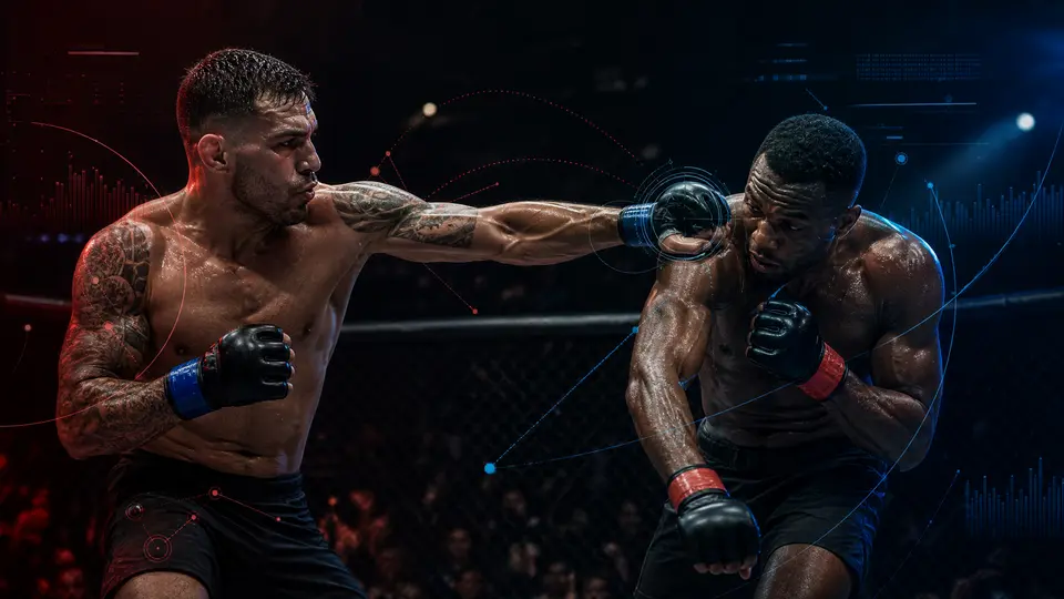 Two MMA fighters exchanging punches under red and blue fight-night analytics lighting