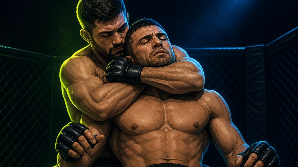 Stylized FightAlpha grappling submission visual for UFC submission records