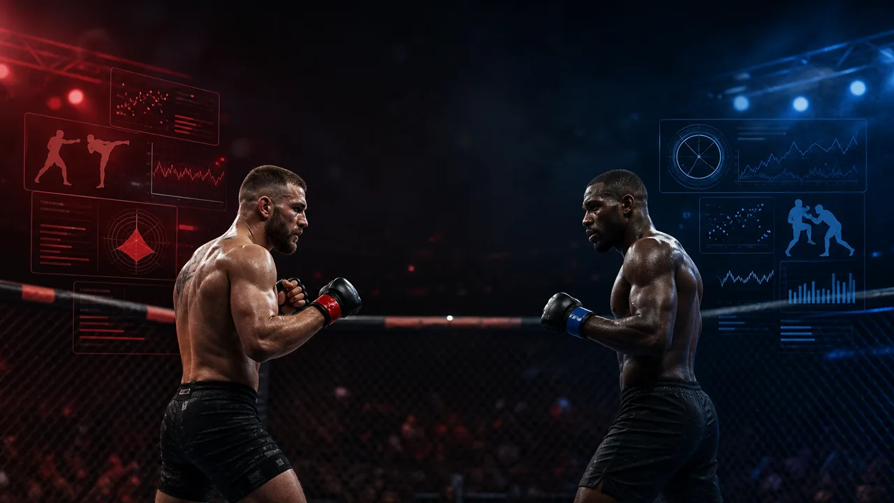 Two MMA fighters in a cage with red and blue analytics panels around them