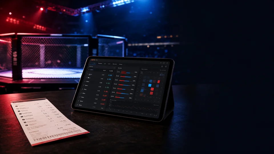 MMA fighters under red and blue arena lighting with betting probability graphics