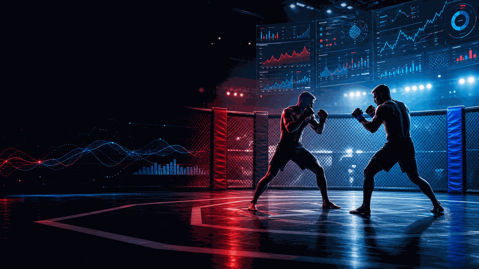 MMA cage analytics scene with red and blue corner lighting